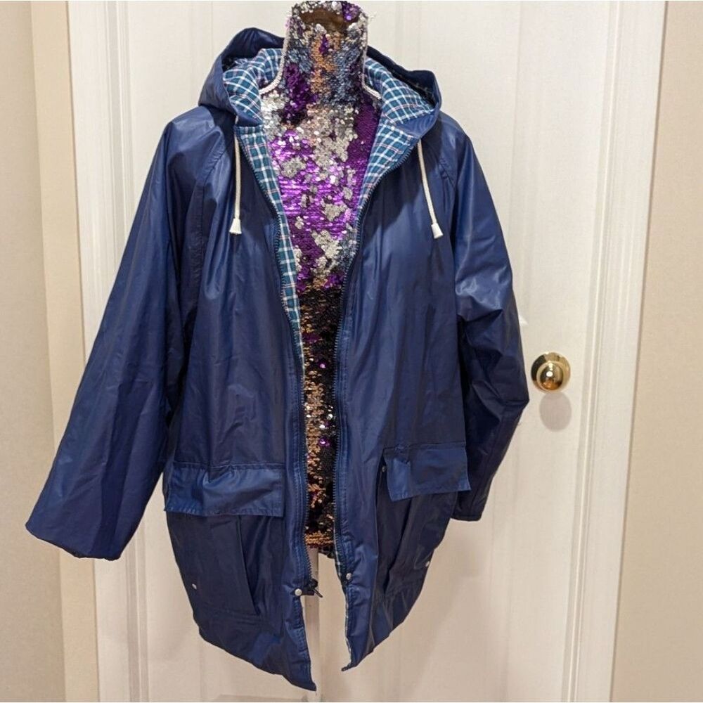Vintage climate zone Size Medium Blue PVC Hooded Rain Jacket‎ Coat